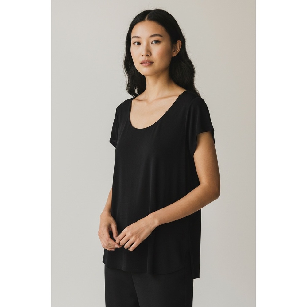 Eileen Fisher Black 100% Stretch Silk Jersey Scoop Neck Tee Top XL